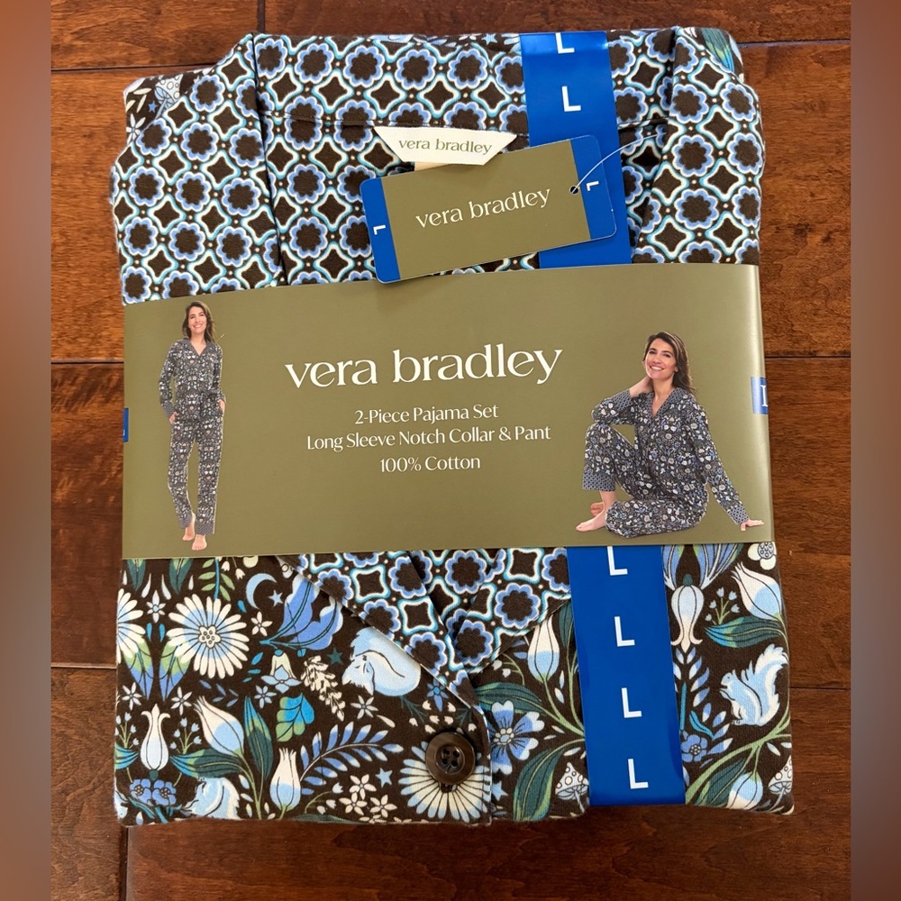 ❤️Vera Bradley Blue Floral 2-Piece Pajama Set 100% cotton New size L - Picture 3 of 3